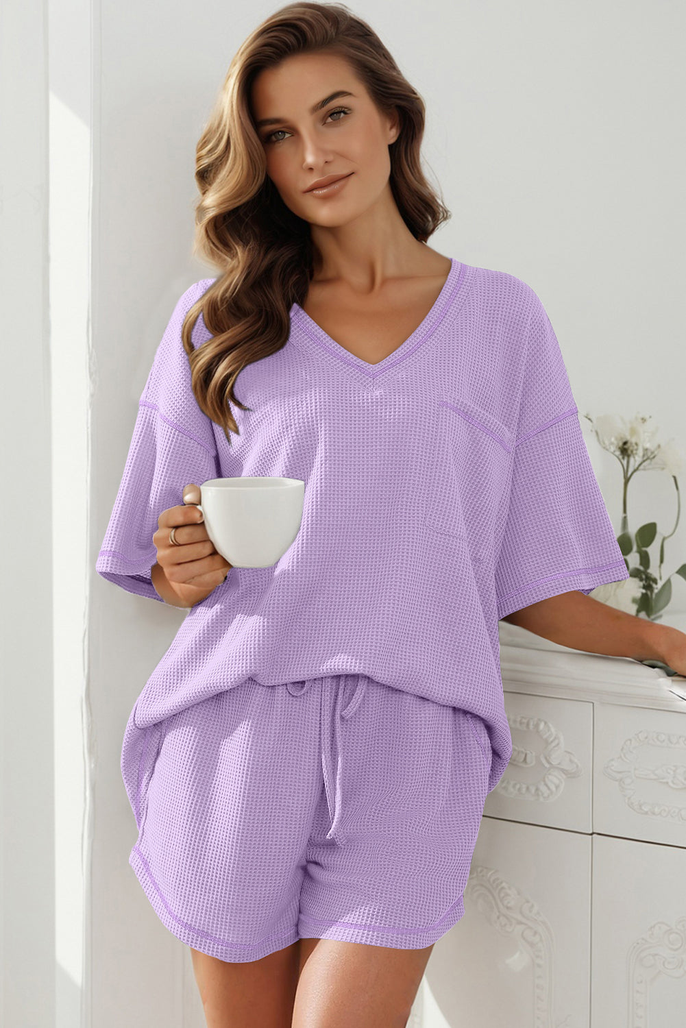 Orchid Petal Solid Color Waffled V Neck Loose Tee Drawstring Shorts Set