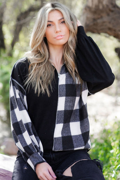 Haut à col et coutures apparentes en patchwork à carreaux noirs 