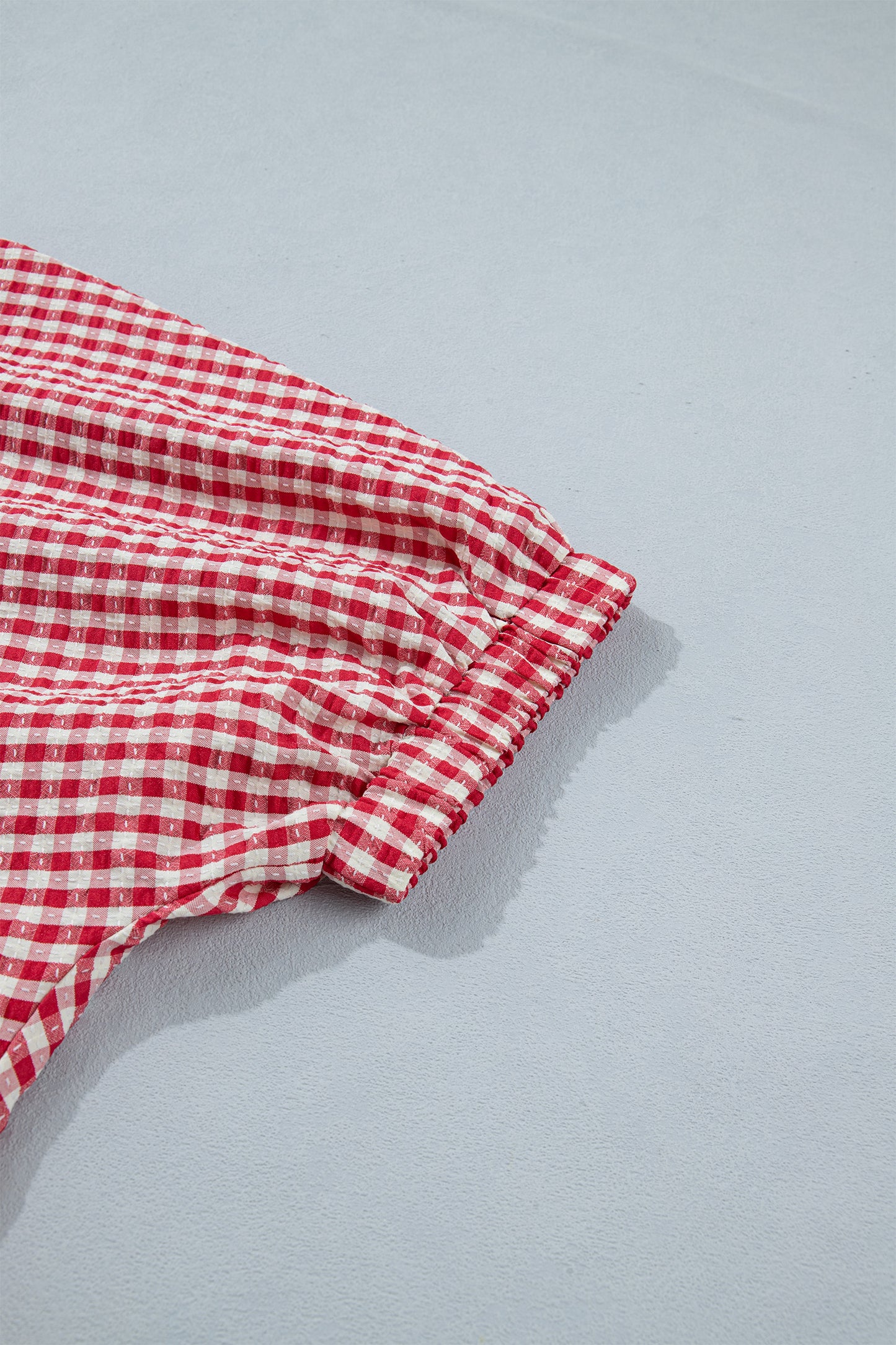 Red Plaid Short Sleeve Colorblock Trim Split Neck Blouse