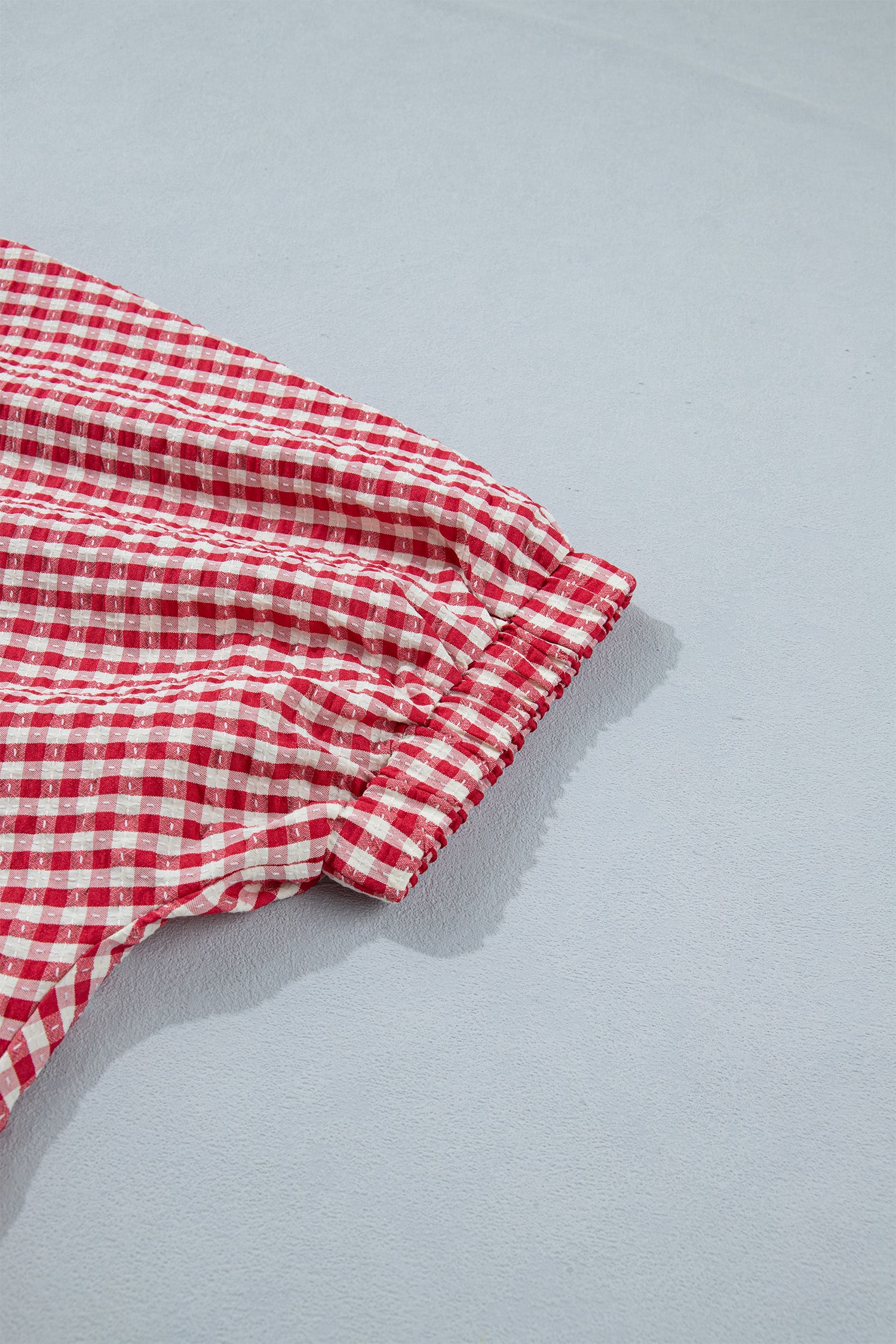 Red Plaid Short Sleeve Colorblock Trim Split Neck Blouse