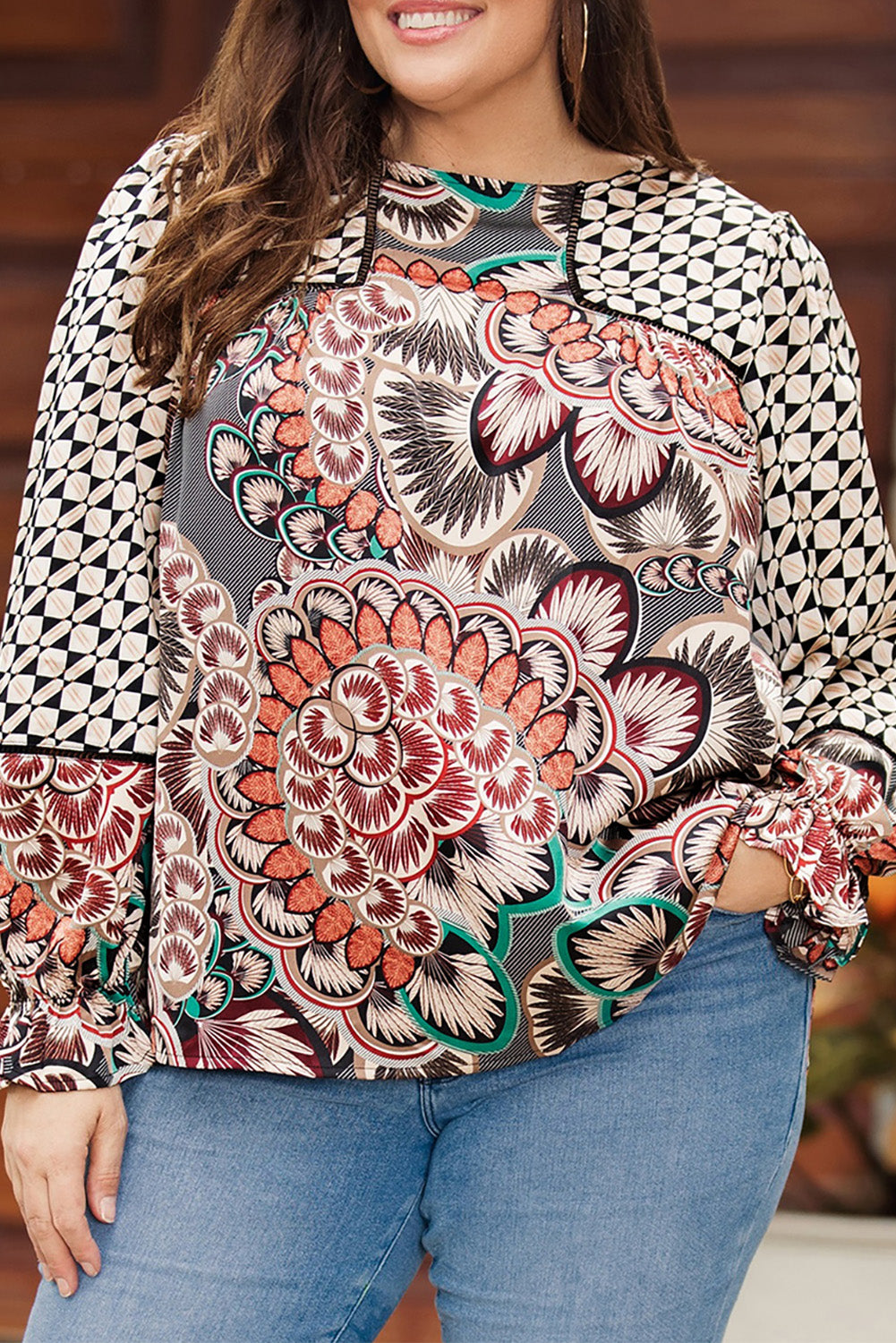Black Mixed Floral Geometric Print Ruffled Long Sleeve Blouse