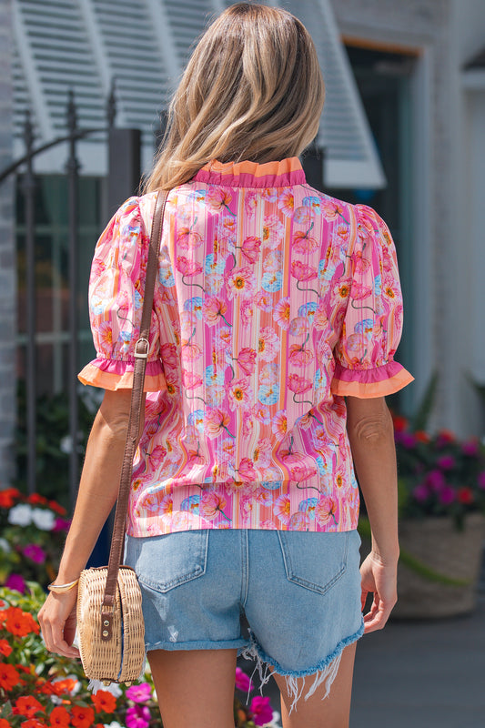 Pink Poppy Flower Striped Print Color Block Trim V Neck Short Sleeve Blouse