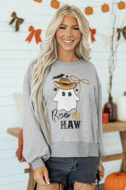 Medium Grey Sequin Western Ghost Print Long Sleeve Round Neck Sweatshirt