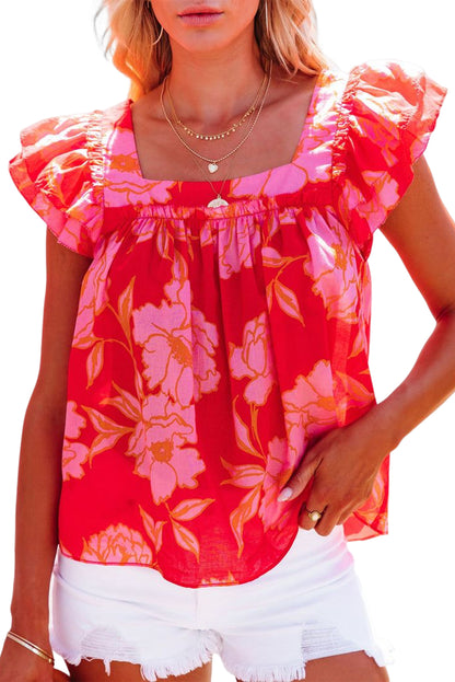 Blusa floral con cuello cuadrado y manga con volantes