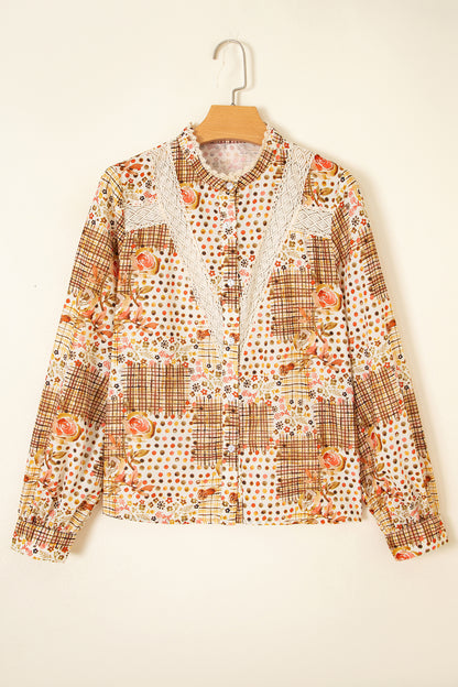Brown Floral Lace Trim Button Down Long Sleeve Shirt