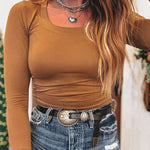 Chestnut Solid Color Long Sleeve Fitted Top