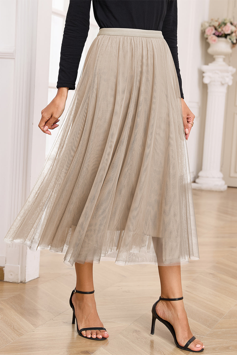 Apricot Tulle Mesh Overlay Flared Midi Skirt