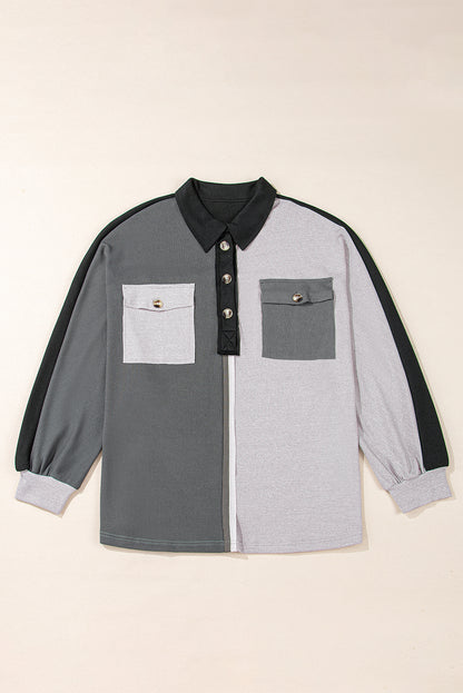 Sweat-shirt oversize à col côtelé et blocs de couleurs gris