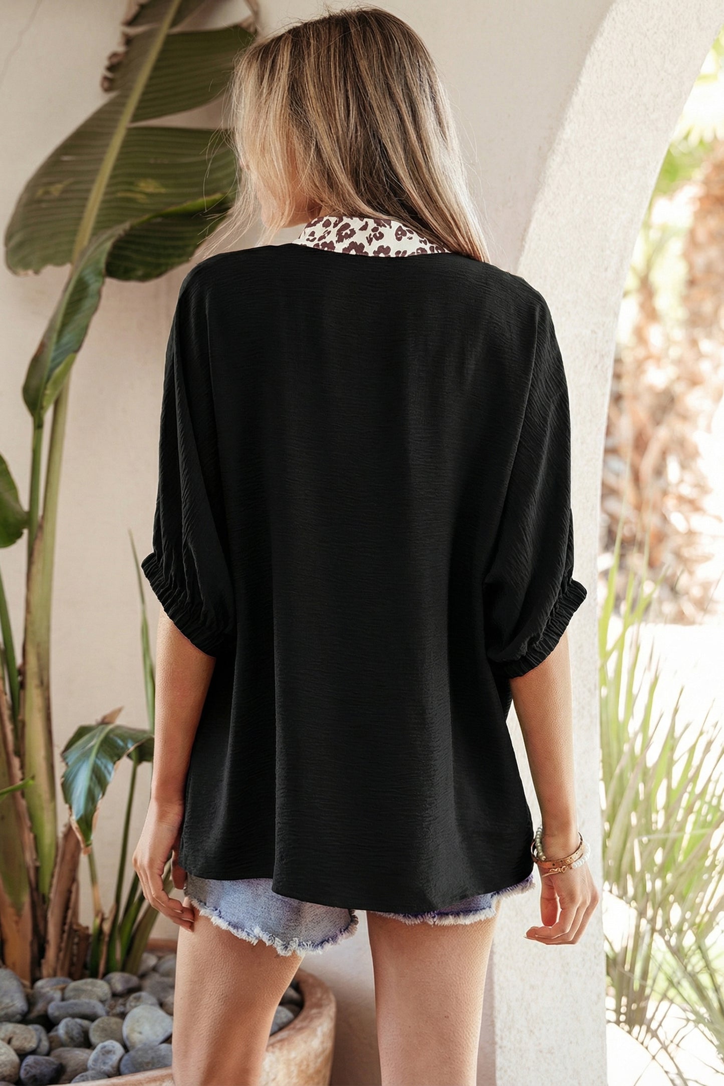 Black Dolman Half Sleeve Leopard Patchwork Trim V Neck Blouse