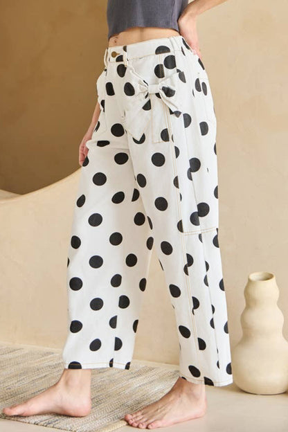 White Polka Dot Print Bow Detail Pocketed Jeans