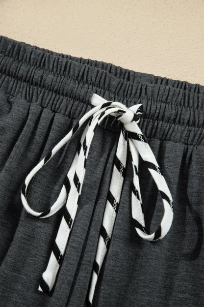Gray Stripe V Neck Ruffle Contrast Sleeve Top Drawstring Pants 2pcs Set