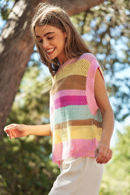 T-shirt ample à manches courtes et rayures roses au crochet