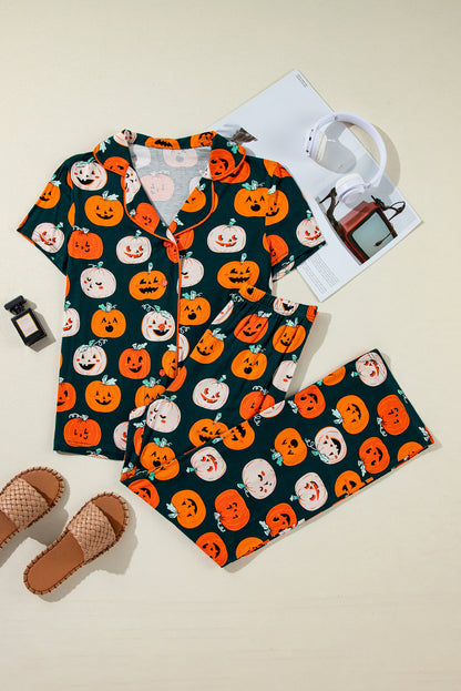 Ensemble pyjama chemise à manches courtes orange à motif Halloween