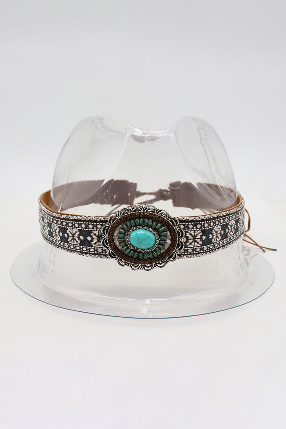 Bandeau de chapeau en cuir PU à lacets bleu clair avec motif western et décor turquoise