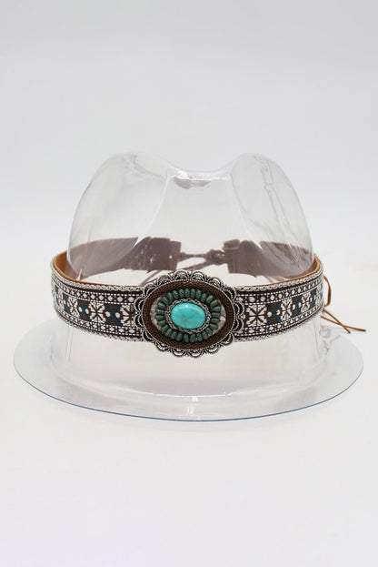 Bandeau de chapeau en cuir PU à lacets bleu clair avec motif western et décor turquoise