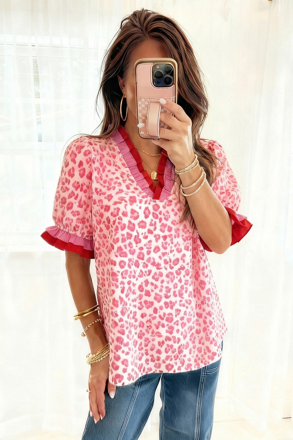 Gray Ruffled Trim V Neck Leopard Print Short Sleeve Blouse