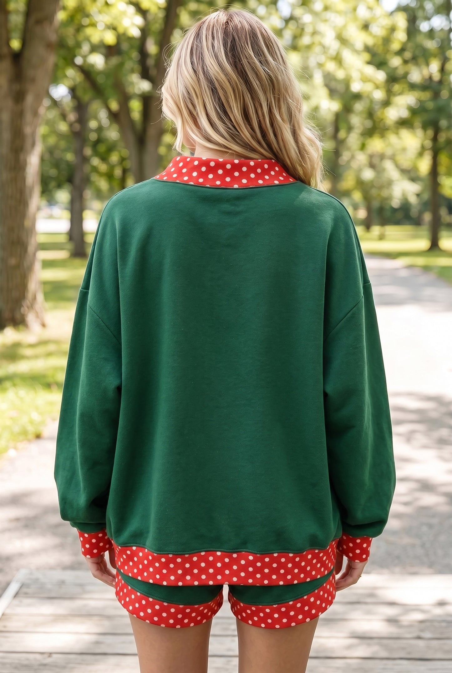 Evergreen Polka Dot Trim Baggy Pullover 2pcs Short Set