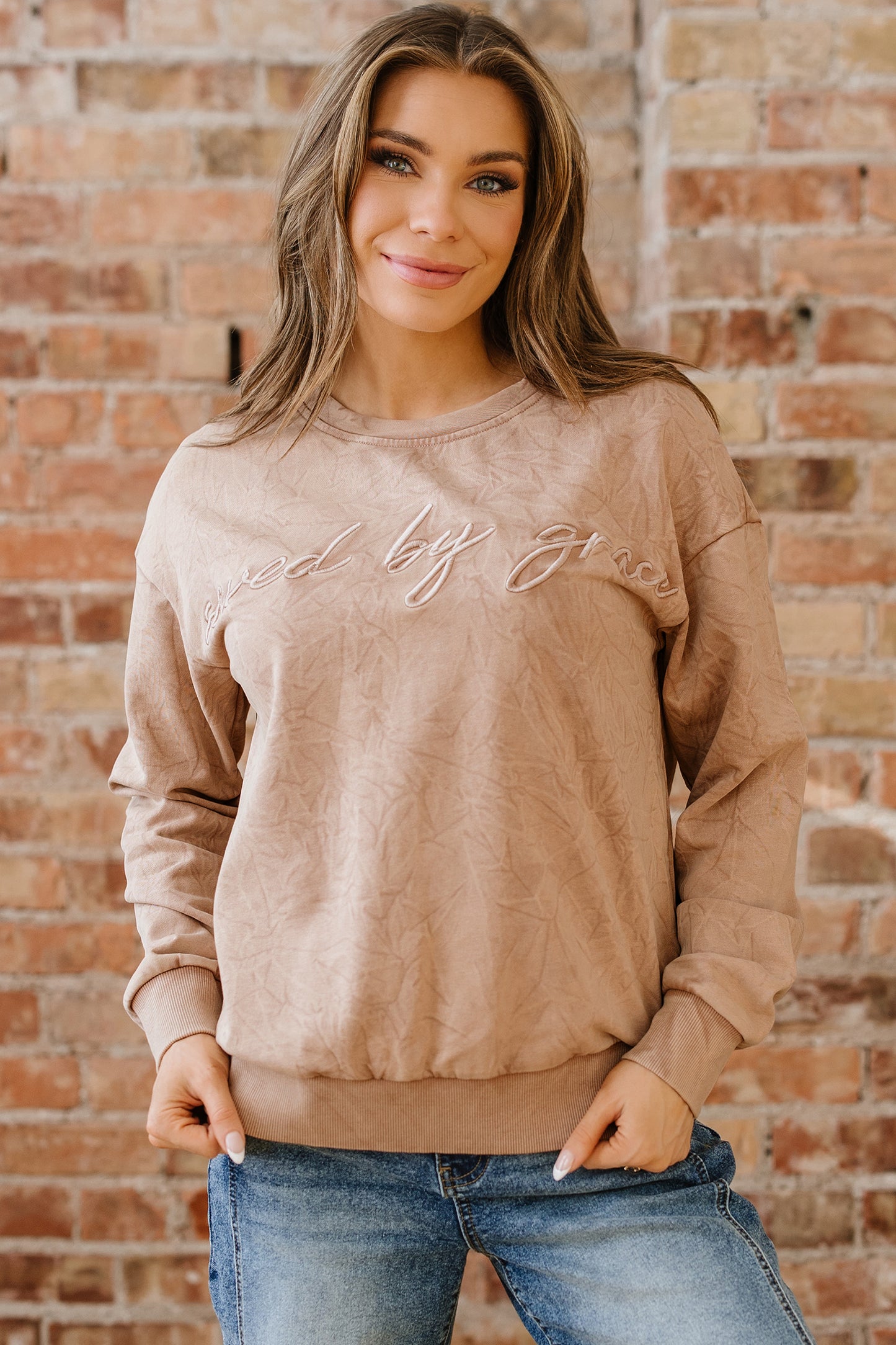 Sea Green saved by grace Letter Embroidery Mineral Wash Loose Sweatshirt