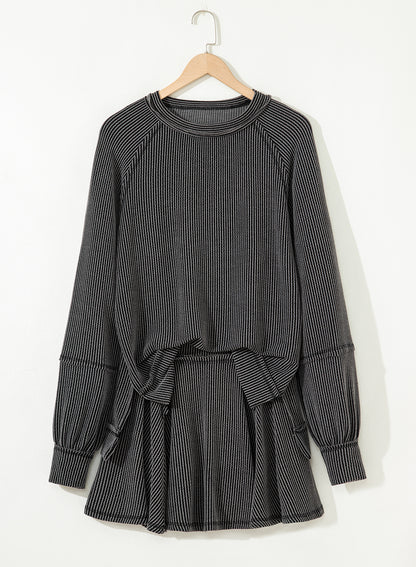 Dark Grey Corded Lantern Sleeve Top High Waist Ruffled Mini Skort Set