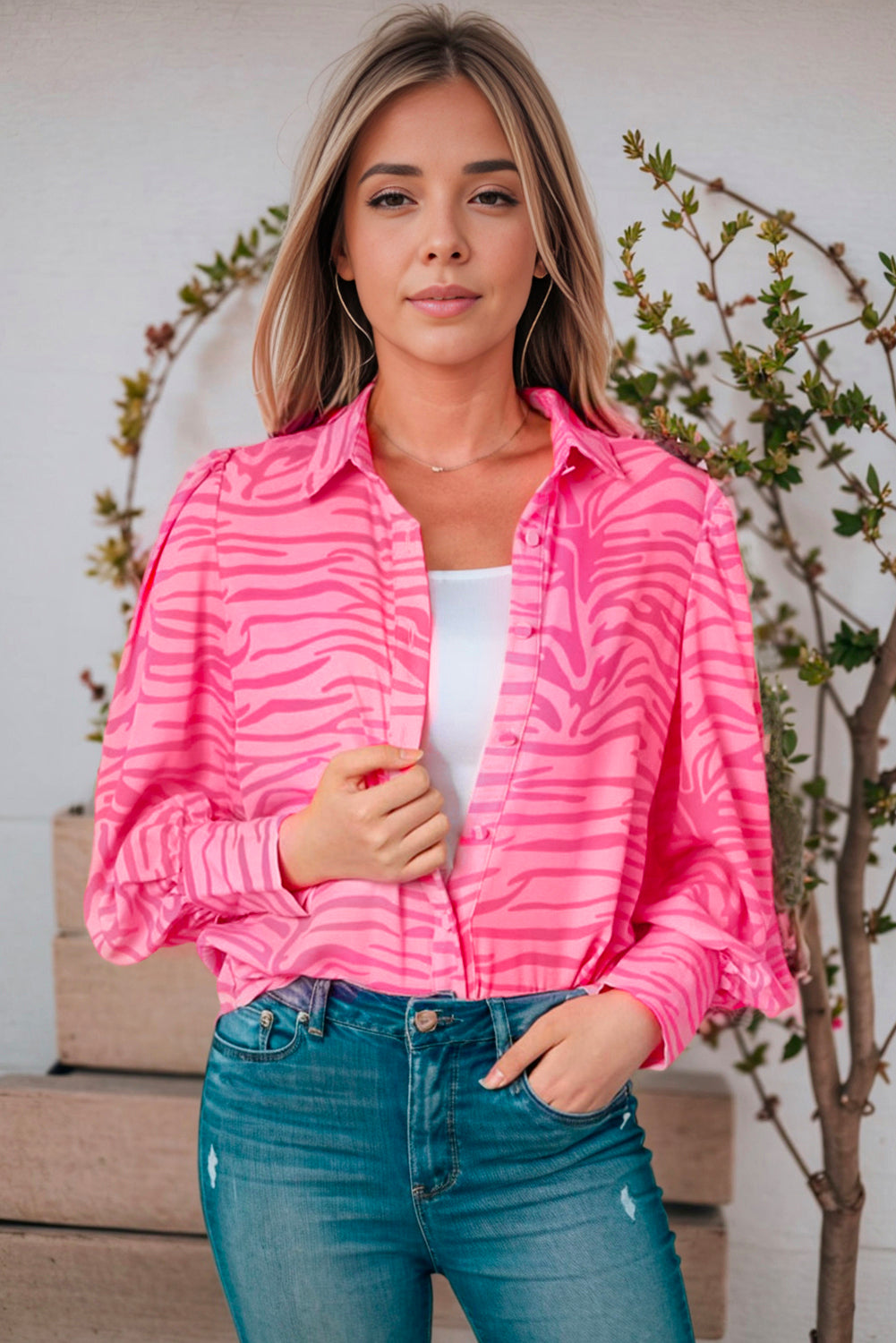 Zebra Stripes Print Lantern Sleeve Shirt