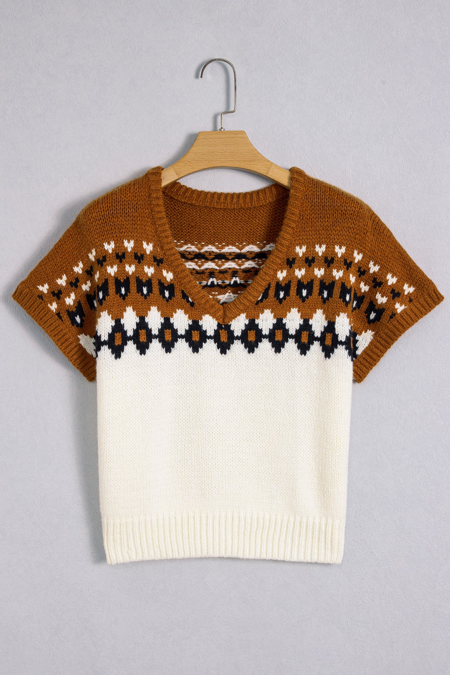 Brown V Neck Short Sleeve Geometric Print Western Style Knit Tee
