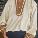 Jet Stream Color Block Patchwork Detail V Neck Textured Long Sleeve Blouse