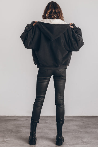 Sweat-shirt à capuche zippé Athleisure en sherpa noir 