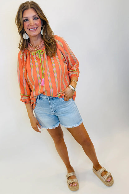 Orange Stripe Tassel Tie Neck Bracelet Sleeve Cotton Blouse