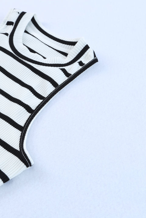 Striped Print Ribbed O-neck Sleeveless Top