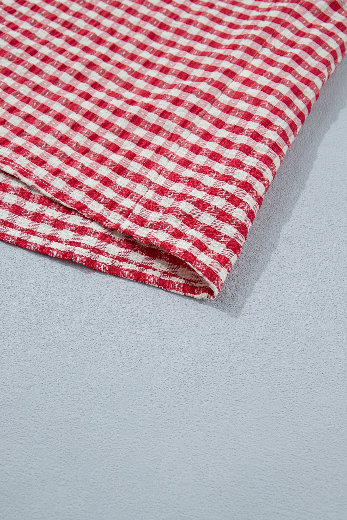 Red Plaid Short Sleeve Colorblock Trim Split Neck Blouse