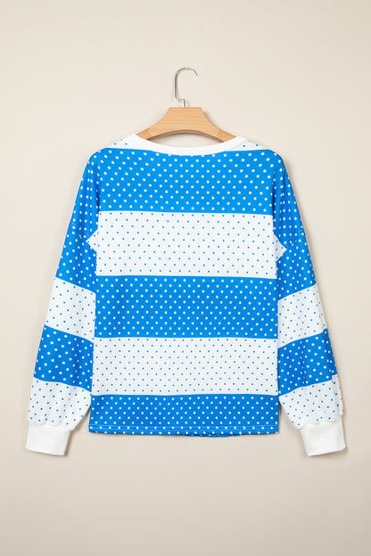 Blue Polka Dot Patchwork Colorblock Long Sleeve Top