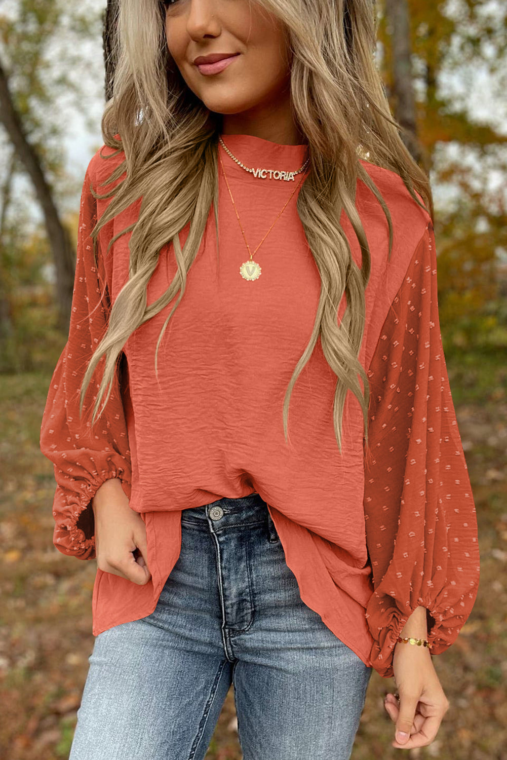 Chemisier ample à manches ballon et pois suisses orange roux