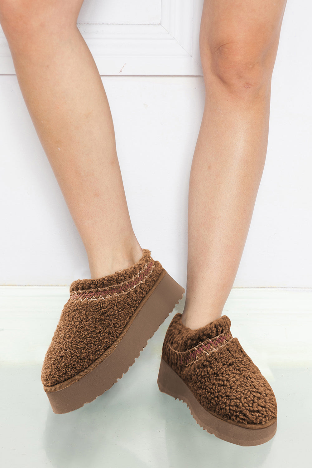 Chestnut Soft Plush Embroidered Detail Flat Platform Slippers