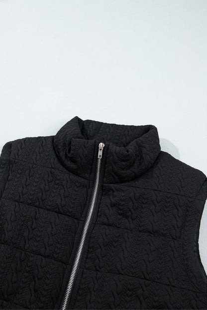 Black Textured Quilted Stand Neck Zipper Winter Vest