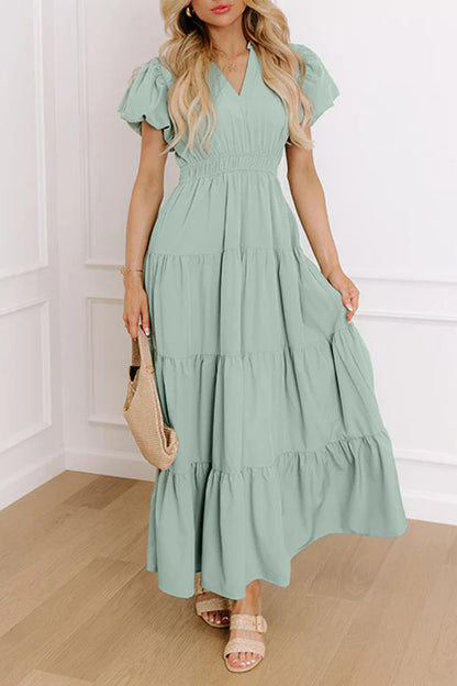 Bright Green Solid Color V Neck Short Puff Sleeve High Waist Tiered Maxi Dress