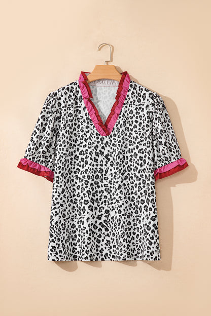 Gray Ruffled Trim V Neck Leopard Print Short Sleeve Blouse