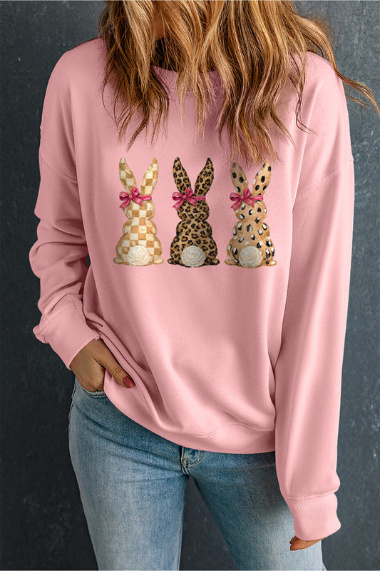 Pink Checkered Leopard Easter Bunny Dropped Shoulder Sweatshirt