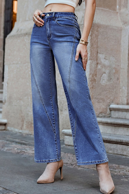 Dark Blue Trendy Seam Detail Straight Leg Jeans
