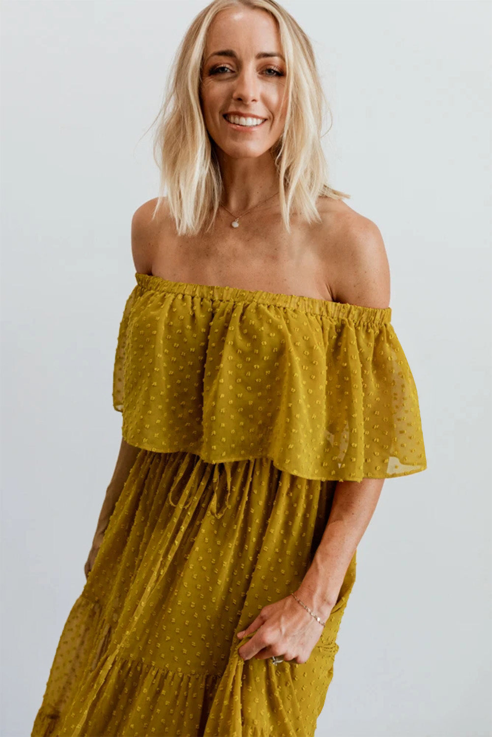 Yellow Yellow Off Shoulder Ruffle Swiss Dot Maxi Dress