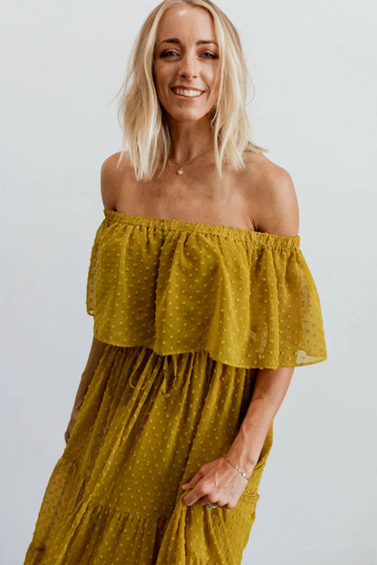 Yellow Yellow Off Shoulder Ruffle Swiss Dot Maxi Dress