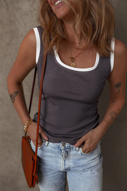 Débardeur slim en maille côtelée gris carbone à bords contrastés et col en U