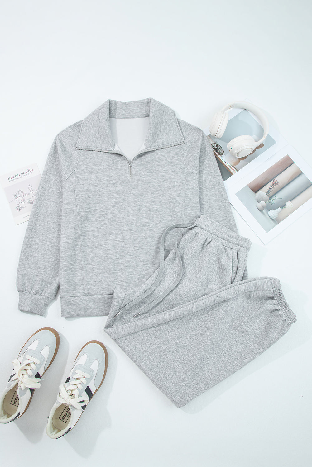 Black Zip Collar Long Sleeve Top Drawstring Pants Set