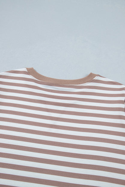 Khaki Stripe Ribbed Trim Round Neck Short Puff Sleeve Plus T Shirt