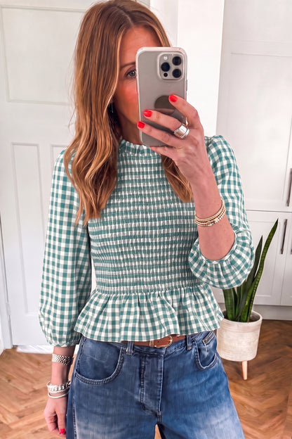Green 3/4 Sleeve Shirred Plaid Peplum Top