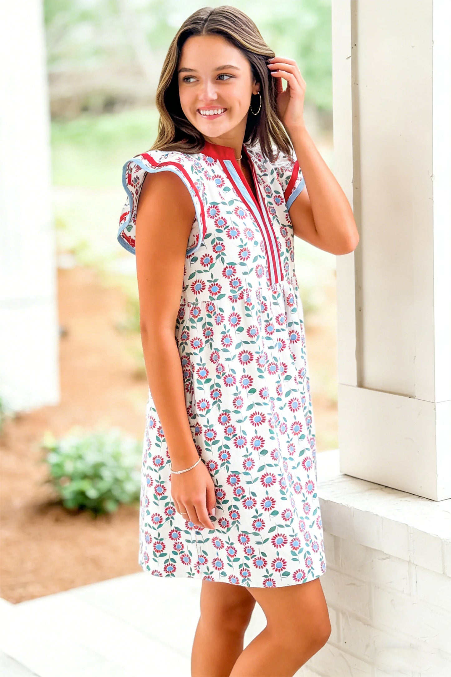 Red Floral Print Contrast Trim Flutter Sleeve Mini Dress