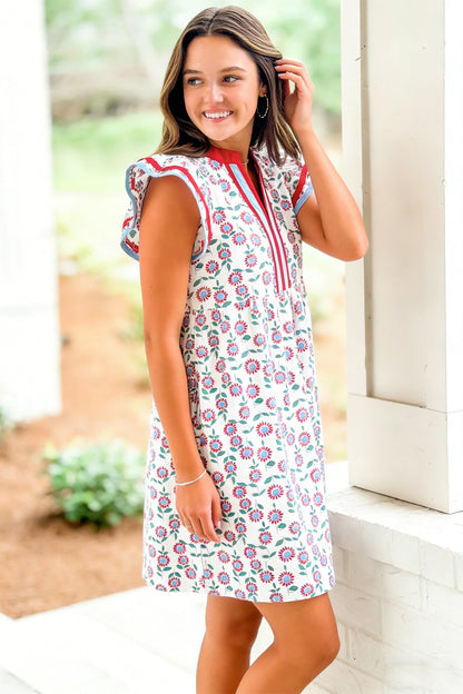 Red Floral Print Contrast Trim Flutter Sleeve Mini Dress