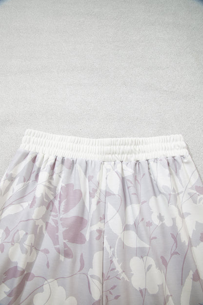 Gray Floral Print Wide Leg Ankle-Length Elastic Waistband Pants