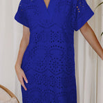 Dark Blue Solid Color Eyelet Embroidered T Shirt Mini Dress