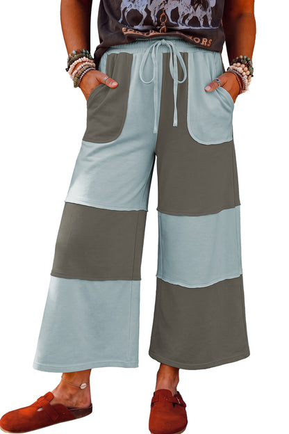 Beau Blue Raw Seam Colorblock Wide Leg Ankle Length Casual Pants