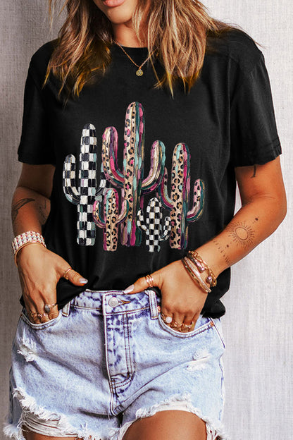 Black Mixed Pattern Cactus Graphic Print Relaxed T-Shirt